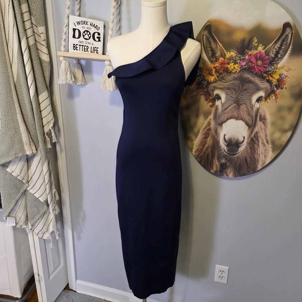 Ralph Lauren Purple Label One Shoulder Silk Cocktail Dress Size 2 Ruffle Trim‎